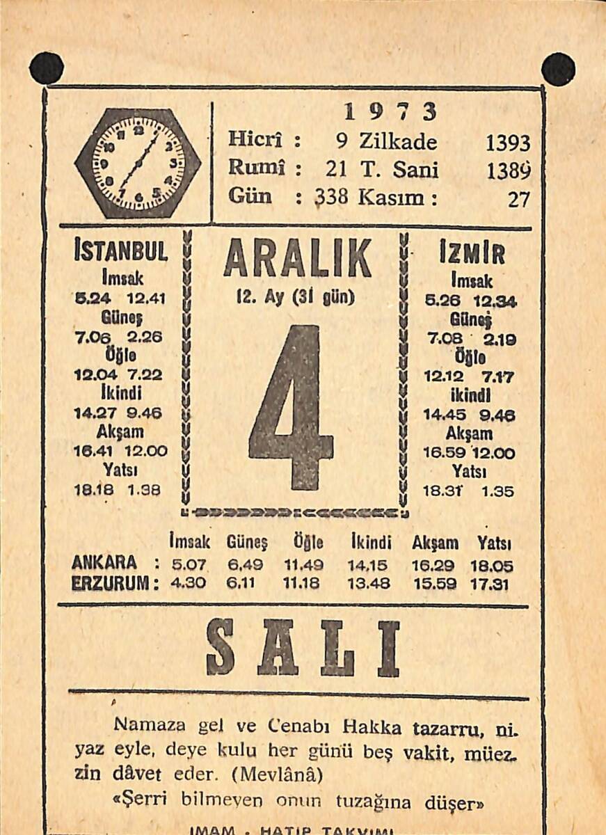 4 Aralık 1973 Takvim Yaprağı - Doğum Günü Hediyesi EFMN13682 - 1