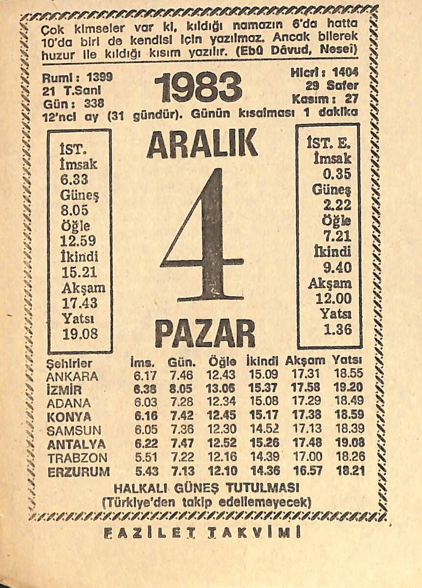 4 Aralık 1983 Takvim Yaprağı - Doğum Günü Hediyesi EFMN13605 - 1