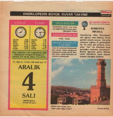 4 Aralık 1984 Takvim Yaprağı EFM(N)4070 - 3