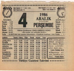 4 Aralık 1986 Takvim Yaprağı EFM(N)4316 - 3