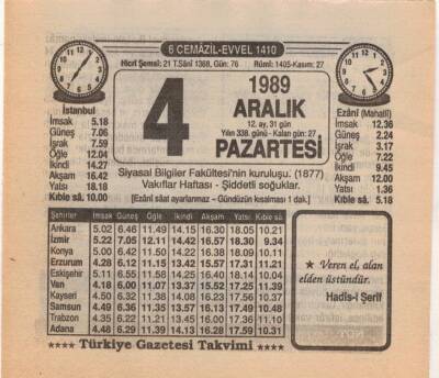 4 Aralık 1989 Takvim Yaprağı EFM(N)4194 - 3