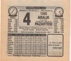 4 Aralık 1989 Takvim Yaprağı EFM(N)4194 - 2