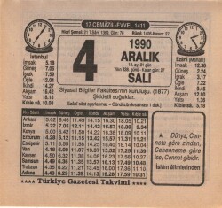 4 Aralık 1990 Takvim Yaprağı EFM(N)4132 - 3