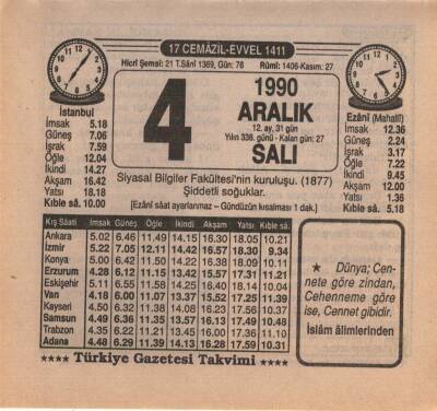 4 Aralık 1990 Takvim Yaprağı EFM(N)4132 - 1