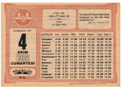 4 Ekim 1986 Takvim Yaprağı EFM1021 - 1