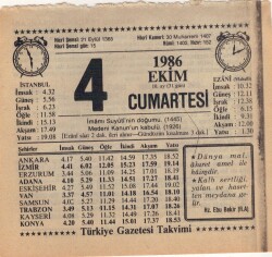 4 Ekim 1986 Takvim Yaprağı EFM(N)3067 - 3