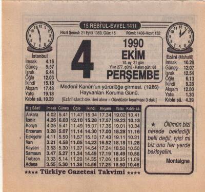 4 Ekim 1990 Takvim Yaprağı EFM(N)3129 - 3