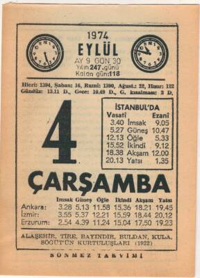 4 Eylül 1974 Takvim Yaprağı EFM(N)2616 - 2