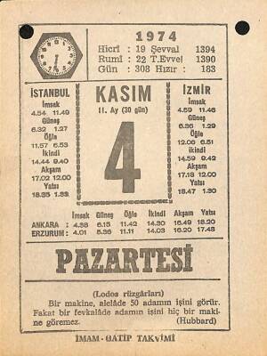 4 Kasım 1974 Takvim Yaprağı - Doğum Günü Hediyesi EFM(N)10766 - 3