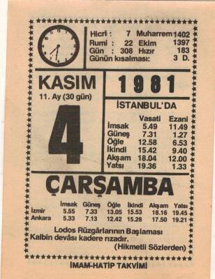 4 Kasım 1981 Takvim Yaprağı EFM(N)4256 - 2