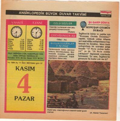 4 Kasım 1984 Takvim Yaprağı EFM(N)4040 - 3