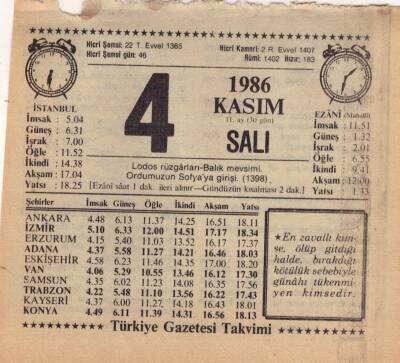 4 Kasım 1986 Takvim Yaprağı EFM(N)3404 - 3