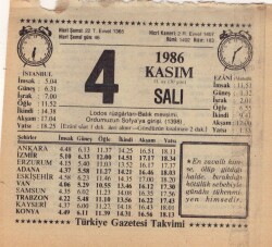 4 Kasım 1986 Takvim Yaprağı EFM(N)3404 - 2