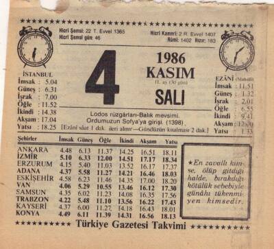 4 Kasım 1986 Takvim Yaprağı EFM(N)3404 - 1