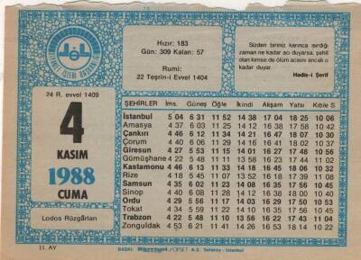 4 Kasım 1988 Takvim Yaprağı EFM(N)3434 - 3