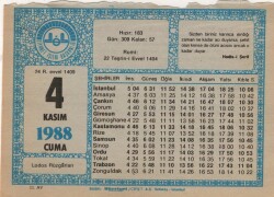 4 Kasım 1988 Takvim Yaprağı EFM(N)3434 - 1