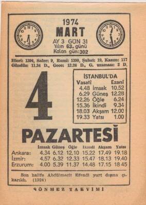 4 Mart 1974 Takvim Yaprağı EFM(N)5883 - 3