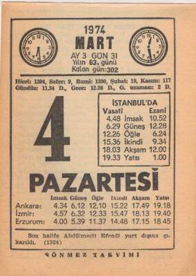 4 Mart 1974 Takvim Yaprağı EFM(N)5883 - 1