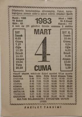 4 Mart 1983 Takvim Yaprağı - Doğum Günü Hediyesi EFM(N)7918 - 2