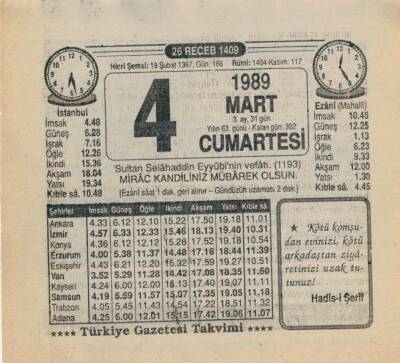 4 Mart 1989 Takvim Yaprağı EFM(N)5852 - 3