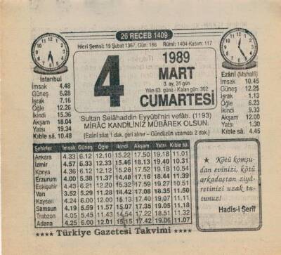 4 Mart 1989 Takvim Yaprağı EFM(N)5852 - 1