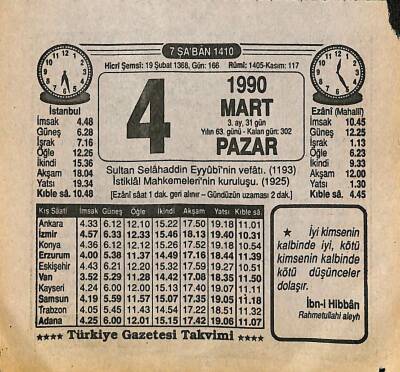 4 Mart 1990 Takvim Yaprağı - Doğum Günü Hediyesi EFM(N)12653 - 1