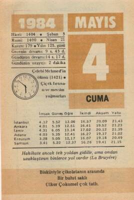 4 Mayıs 1984 Takvim Yaprağı EFM(N)6213 - 1