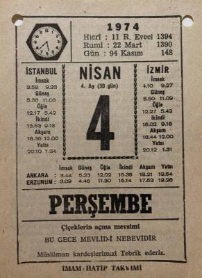 4 Nisan 1974 Takvim Yaprağı - Doğum Günü Hediyesi EFM(N)8161 - 2