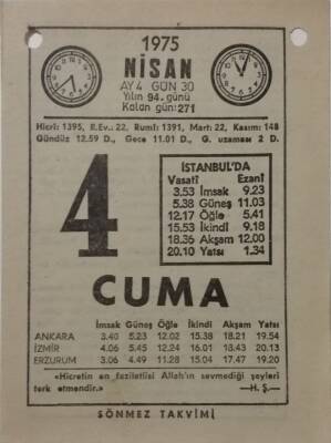 4 Nisan 1975 Takvim Yaprağı - Doğum Günü Hediyesi EFM(N)8131 - 2