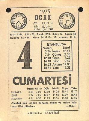 4 Ocak 1975 Takvim Yaprağı - Doğum Günü Hediyesi EFM(N)10843 - 4