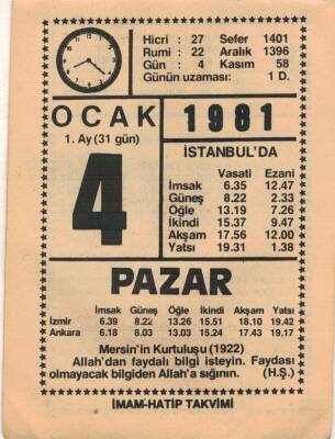 4 Ocak 1981 Takvim Yaprağı EFM(N)4650 - 1