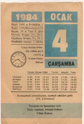 4 Ocak 1984 Takvim Yaprağı EFM(N)4743 - 1