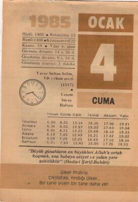 4 Ocak 1985 Takvim Yaprağı EFM(N)4774 - 1