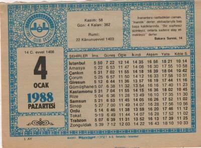 4 Ocak 1988 Takvim Yaprağı EFM(N)4898 - 1