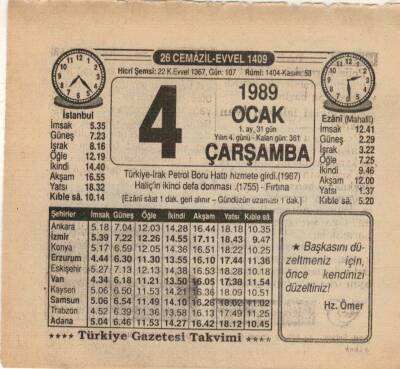 4 Ocak 1989 Takvim Yaprağı EFM(N)4712 - 1