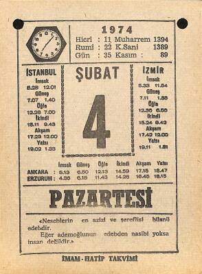 4 Şubat 1974 Takvim Yaprağı - Doğum Günü Hediyesi EFM(N)12283 - 1