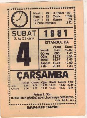 4 Şubat 1981 Takvim Yaprağı EFM(N)5412 - 1