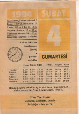 4 Şubat 1984 Takvim Yaprağı EFM(N)5327 - 1