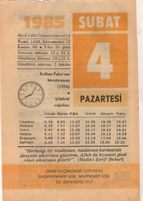 4 Şubat 1985 Takvim Yaprağı EFM(N)5130 - 1