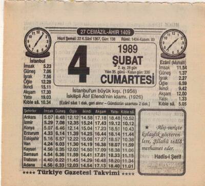 4 Şubat 1989 Takvim Yaprağı EFM(N)5356 - 1