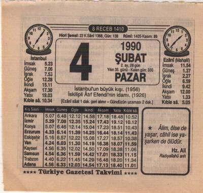 4 Şubat 1990 Takvim Yaprağı EFM(N)5187 - 1