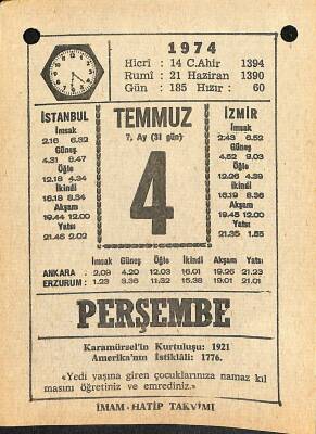 4 Temmuz 1974 Takvim Yaprağı - Doğum Günü Hediyesi EFM(N)12127 - 1