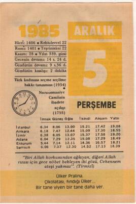 5 Aralık 1985 Takvim Yaprağı EFM(N)4102 - 3