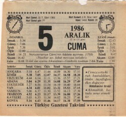 5 Aralık 1986 Takvim Yaprağı EFM(N)4317 - 1