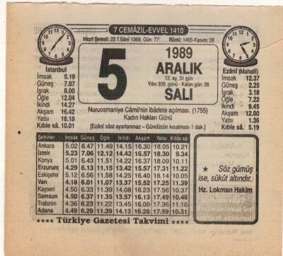 5 Aralık 1989 Takvim Yaprağı EFM(N)4195 - 2