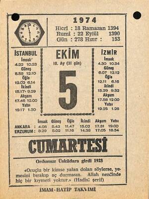 5 Ekim 1974 Takvim Yaprağı - Doğum Günü Hediyesi EFM(N)10566 - 3