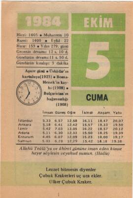 5 Ekim 1984 Takvim Yaprağı EFM(N)3006 - 3