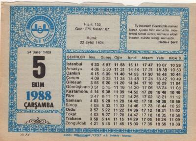 5 Ekim 1988 Takvim Yaprağı EFM(N)3192 - 2