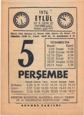 5 Eylül 1974 Takvim Yaprağı EFM(N)2627 - 3