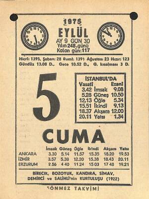 5 Eylül 1975 Takvim Yaprağı - Doğum Günü Hediyesi EFM(N)12491 - 1